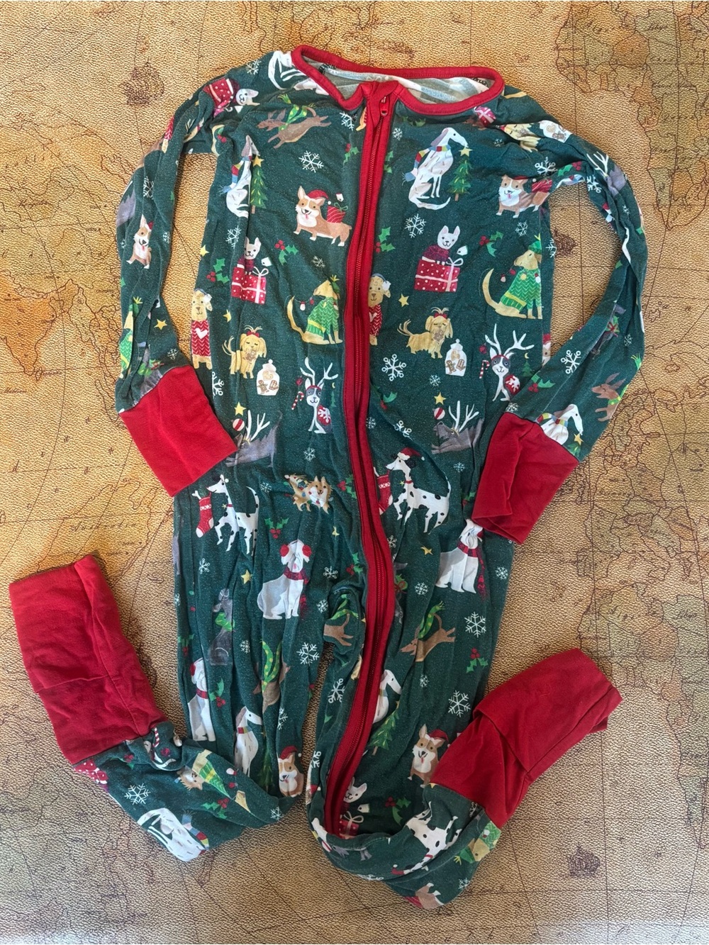 Little Sleepies Green Holiday Dog Print One-Piece Pajamas with Red Trim